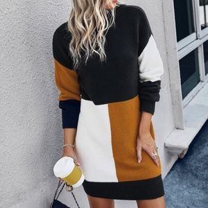 Mustard Black Color Block Knit Sweater Dress Work